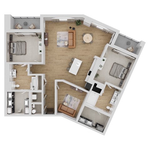Floor plan for 2 beds, 2 baths, 1285 sqft
